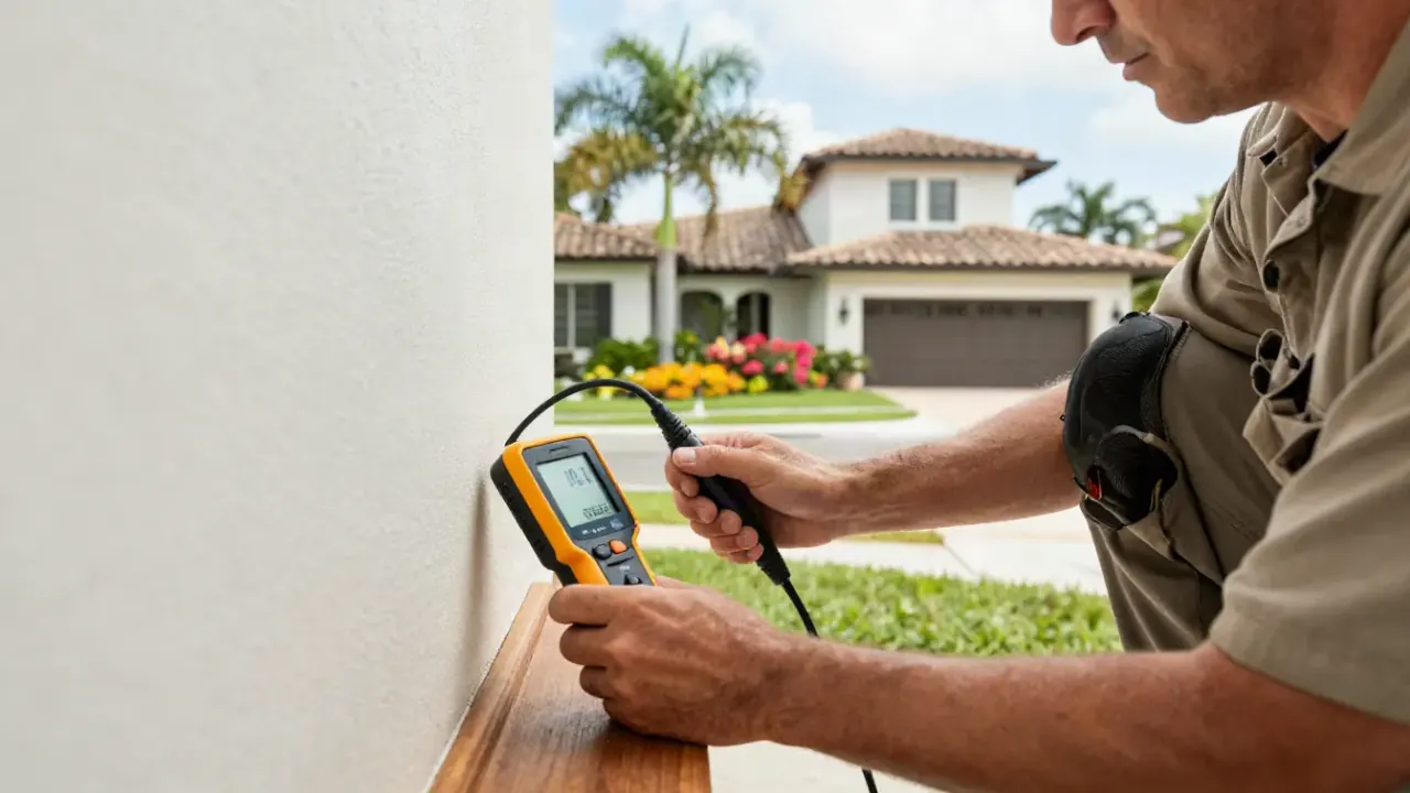 Leak Detection in Wellington, Florida: close-up of a leak detection specialist's hands using a moisture meter against a