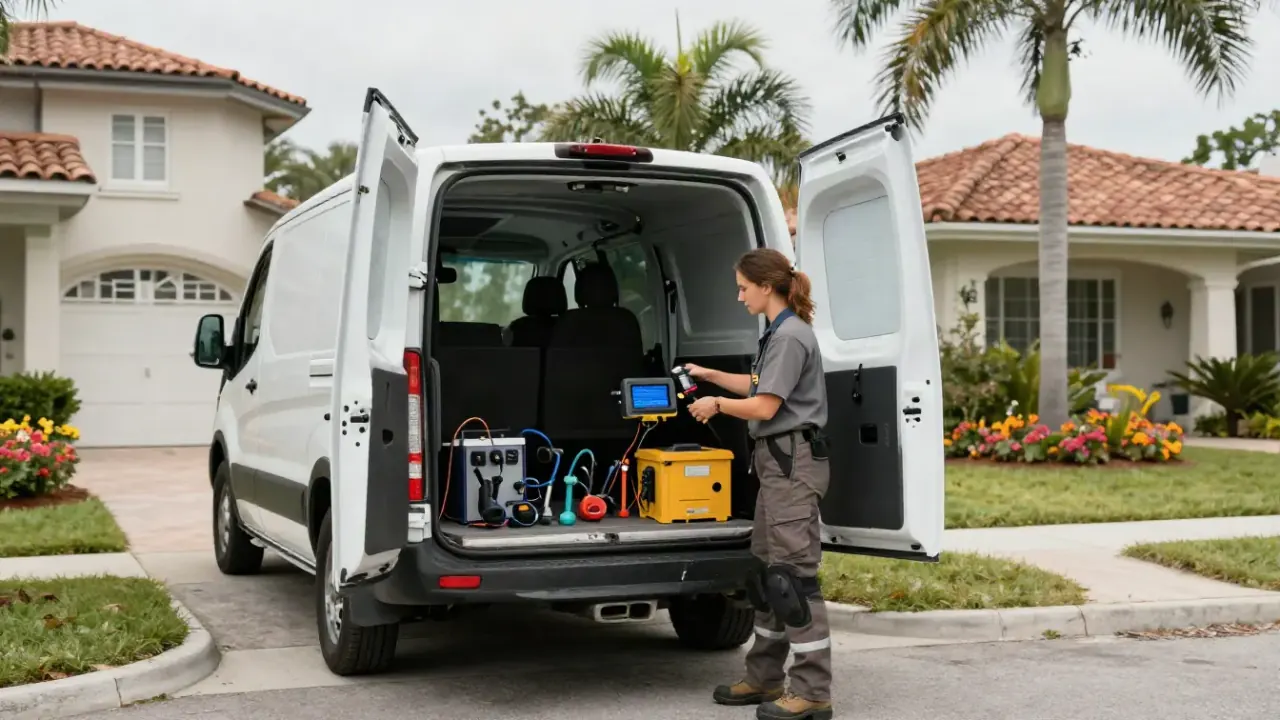 Leak Detection in Wellington, Florida: rear of a clean, unbranded service van, with its side door open, showcasing an