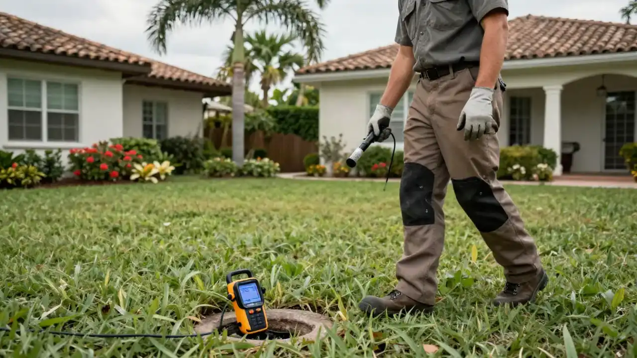 Underground Pipe Leak Location in Wellington, Florida: leak detection specialist walking slowly across a grassy backyard